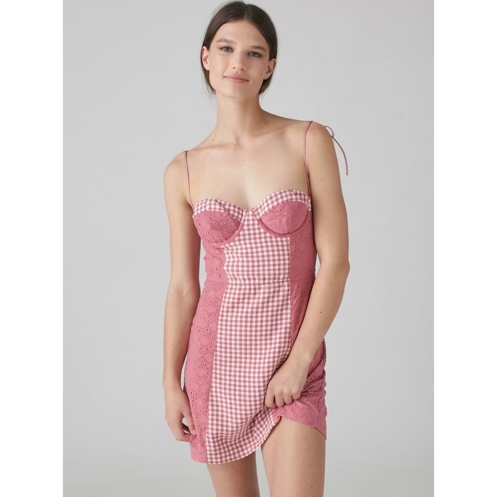 Urban Outfitters Medium Pink Gingham Eyelet Bustier Mini Dress Tie Strap Y2K